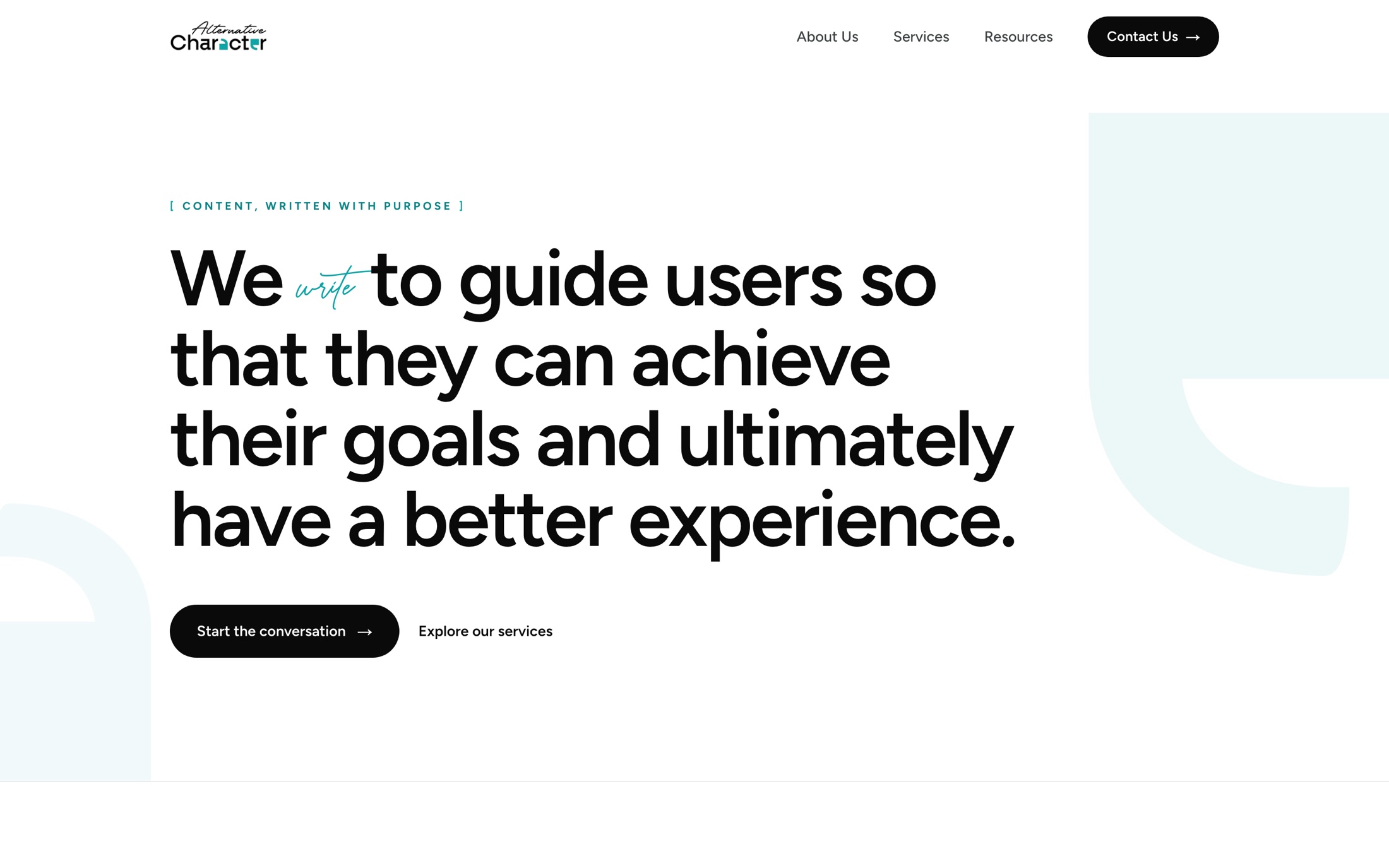 Alternative Character website homepage